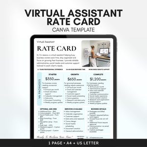 May include: A digital Canva template for a Virtual Assistant rate card displayed on a tablet screen. The document features sections for service packages, optional add-ons, and booking details, with a professional layout and black text on white.