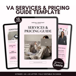 May include: A digital template for a virtual assistant services and pricing guide, featuring 13 pages with pink and black text, editable in Canva. The layout includes sections for admin tasks, contact details, and a photo of a person with a laptop.