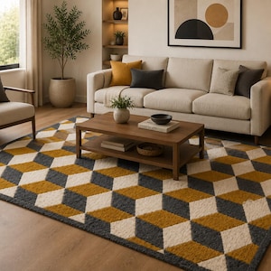 Modern Hand Tufted Loop Pile Wool Area Rug, Geometric 3D Cube Rug, Mustard Grey Ivory Carpet, Handmade Home Decor