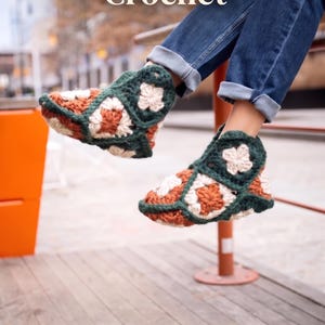 May include: Crochet granny square slippers featuring a dark green, cream, and burnt orange yarn pattern. The text Granny Slippers Crochet and Instant pdf download is visible. The slippers are constructed from joined square motifs with a high-top design.
