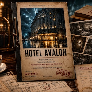 Może przedstawiać: Prostokątna teczka z napisem Hotel Avalon z nocnym zdjęciem wielkiego hotelu. Okładka zawiera tekst o gościu, czterogwiazdkową ocenę trudności i czerwoną pieczęć. Wokół rozrzucone są raporty z incydentów oraz dokumenty dotyczące sprawy.