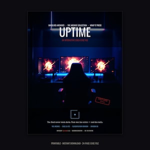 May include: A digital game file titled UPTIME: AN INTERACTIVE COLD-CASE FILE. The cover features a dark room with a silhouette of a chair facing three computer monitors displaying glowing orange explosions. Text includes Unsolved Archives, The Archive Collection, Wrap It Press, and details like Case LS-072, Classification Crimson, Division 06, and a 24-page case file.