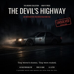 May include: A digital file titled The Devil's Highway, an interactive FBI investigation file. The image shows a dark sedan on a road at night with a red handprint on the door. Text includes The Archive Collection, Wrap It Press, Unsolved Active Case, and They weren't chosen. They were routed. 40-page printable PDF, U.S. Letter.