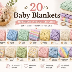 May include: A collection of 20 baby blankets featuring different crochet stitches, including moss, basketweave, waffle, shell, ripple, granny, v-stitch, star, bobble, chevron, linen, tulip, diamond, puff, daisy, block, openwork, C2C, alpine, and crossed double.