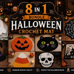 May include: An 8-in-1 bundle of Halloween crochet mats featuring designs of a white ghost, a black spider web, a witch hat, an orange pumpkin, a black cat face, a candy corn, a skull, and a rectangular mat with a haunted house and welcome text.