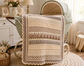 Heirloom Crochet Baby Blanket | Ivory Taupe Floral Nursery Keepsake