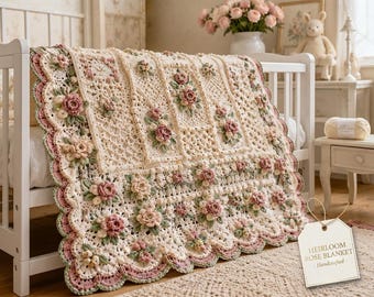 Heirloom Crochet Baby Blanket Pattern | 3D Roses, Lace, Scalloped Border (PDF Download)