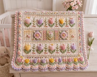 Manta de crochê para bebê, herança de família | Jardim de Tulipas, renda floral, colcha para berçário em tons pastel