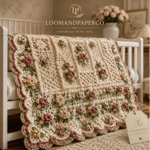 Modèle de couverture bébé au crochet, un véritable héritage familial | Roses 3D, dentelle, bordure festonnée (Téléchargement PDF)