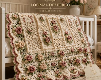 Heirloom Crochet Baby Blanket Pattern | 3D Roses, Lace, Scalloped Border (PDF Download)