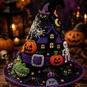 ハロウィン魔女帽子の編み図 | 立体的な不気味なアップリケ (PDFダウンロード)