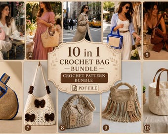10-in-1 Crochet Bag Pattern Bundle | Tote, Handbag, Shoulder Bag Patterns (PDF Download)