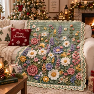 May include: A sage green crochet blanket featuring a textured, three-dimensional floral garden design with white, pink, yellow, and purple flowers. The blanket has a scalloped cream-coloured border and is draped over a sofa next to a red pillow.