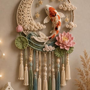 May include: A circular wall hanging featuring a crocheted crescent moon, a koi fish with orange, white, and black patterns, pink lotus flowers, green lily pads, and small crocheted clouds. The piece is adorned with hanging stars and long yarn tassels.
