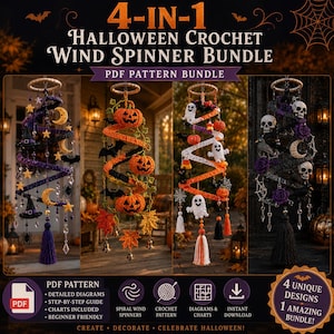 Halloween-Häkel-Windspiel-Anleitungspaket | Geister-, Kürbis- und Totenkopfmotive (PDF-Download)