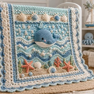 May include: A rectangular crochet blanket featuring a central blue whale applique, textured wavy ocean layers in shades of blue and white, and a sandy bottom border with starfish, seashells, and coral appliques, finished with a scalloped cream border.