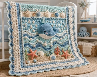 Esposizione di lussuose coperte per neonati all'uncinetto a tema oceano.