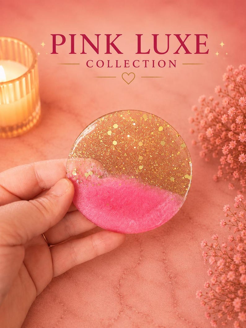 Pink Luxe Resin Coaster Set with Holder | Gold Glitter Drink Coasters | Luxury Home Decor zdjęcie 3