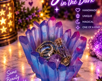 Handmade Glow-in-the-Dark Crystal Resin Trinket Dish | Blue Purple Jewelry Holder