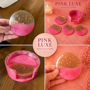 Może przedstawiać: Zestaw okrągłych podstawek z żywicy oraz pasujący uchwyt z kolekcji Pink Luxe. Każdy element ma dwukolorowy wz&oacute;r z żywą r&oacute;żową podstawą i g&oacute;rną połową z brokatem w kolorze złota. Zestaw zawiera okrągły uchwyt do przechowywania podstawek.