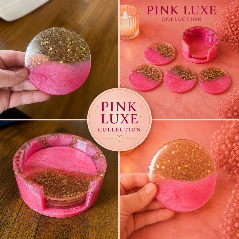 Może przedstawiać: Zestaw okrągłych podstawek z żywicy oraz pasujący uchwyt z kolekcji Pink Luxe. Każdy element ma dwukolorowy wz&oacute;r z żywą r&oacute;żową podstawą i g&oacute;rną połową z brokatem w kolorze złota. Zestaw zawiera okrągły uchwyt do przechowywania podstawek.