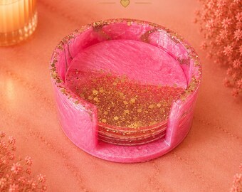 Pink Luxe Resin Coaster Set with Holder | Gold Glitter Drink Coasters | Luxury Home Decor
