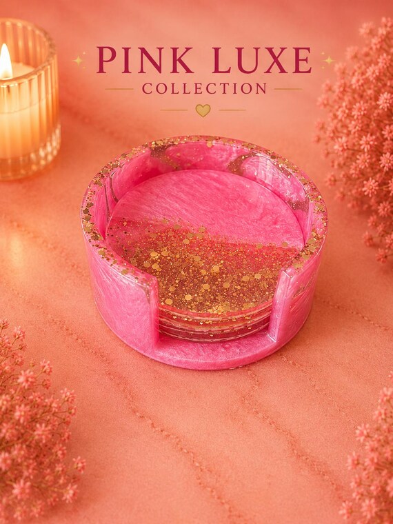 Pink Luxe Resin Coaster Set with Holder | Gold Glitter Drink Coasters | Luxury Home Decor