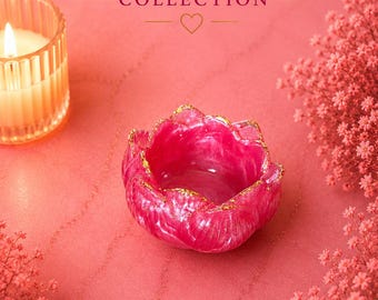 Pink Lotus Resin Jewelry Dish | Handmade Swirl Trinket Bowl, Gold Edging Catchall