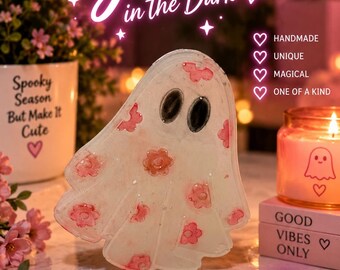 Handmade Glow-in-the-Dark Resin Ghost | Pink Floral Halloween Decor