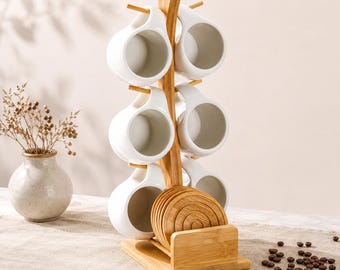 Ceramic Coffee Mug Set with Bamboo Holder & Coasters | Coffee Bar Organizer Rack Farmhouse Kitchen Gift Mug Tree Stand