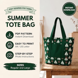 Pode incluir: Uma bolsa tote verde-escura com um padrão repetitivo de veleiros brancos e boias salva-vidas vermelhas. A bolsa tem duas alças de ombro e um bolso frontal liso verde-escuro. O texto na imagem inclui PDF SEWING PATTERN, SUMMER TOTE BAG, INSTANT DOWNLOAD, EASY TO PRINT A4 / US LETTER, STEP-BY-STEP Photo Instructions e SIZES Regular and Large.