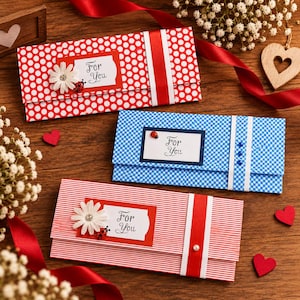 Pode incluir: Três envelopes de presente retangulares com padrões decorativos: um vermelho com bolinhas brancas, um azul com xadrez vichy branco e um vermelho com listras brancas finas. Cada envelope exibe uma etiqueta branca com o texto For You.