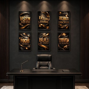 May include: Six framed wall art prints featuring gold metallic lettering on a dark, textured background. The text reads: VISION OVER NOISE, EXCELLENCE IS THE STANDARD, RESULTS REQUIRE DISCIPLINE, FOCUS WINS, BUILD BY VISION, and DRIVEN BY PURPOSE.