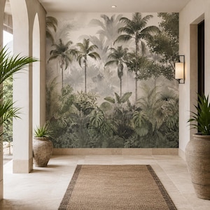 May include: A wall mural featuring a dense tropical jungle scene with tall palm trees and lush foliage in shades of muted green, gray, and beige. The mural is displayed on a wall within a covered patio area with stone flooring and arches.