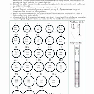 May include: A printable ring sizer tool and chart featuring US, UK, and international sizing. The document includes a grid of circles with diameters in millimetres, a print scale check showing 10 mm and 1 inch, and a cut-out ring sizer tool guide.