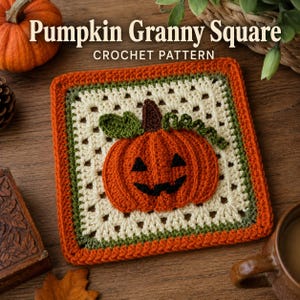 Könnte beinhalten: Ein quadratisches Häkelmotiv mit einem zentralen orangefarbenen Kürbis mit dunkelbraunem Stiel, grünen Blättern und lockigen Ranken. Der Kürbis ist auf einem cremefarbenen Granny Square mit olivgrünem und orangefarbenem Rand zentriert. Der Text lautet Pumpkin Granny Square CROCHET PATTERN.