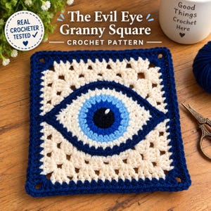 Könnte beinhalten: Ein quadratisches Häkelstück mit einem Schutzaugen-Motiv, bestehend aus einer schwarzen Pupille, einer hellblauen Iris und einem dunkelblauen Rand, umgeben von cremefarbenen Maschen. Der Text lautet The Evil Eye Granny Square CROCHET PATTERN.