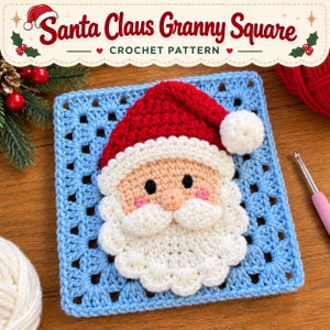 Könnte beinhalten: Ein hellblaues Häkel-Granny-Square mit einem zentralen Weihnachtsmann-Gesicht, roter Mütze, weißem Bommel und weißem Bart. Der Text "Santa Claus Granny Square CROCHET PATTERN" ist oben zu sehen. Eine rosa Häkelnadel liegt an der Seite.
