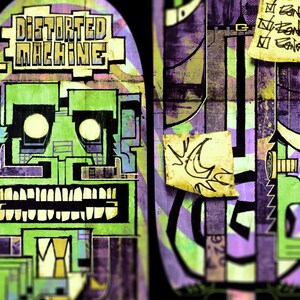 May include: A green and purple abstract illustration with the text "Distorted Machine" on a black background. The illustration features a face with a large mouth and eyes.