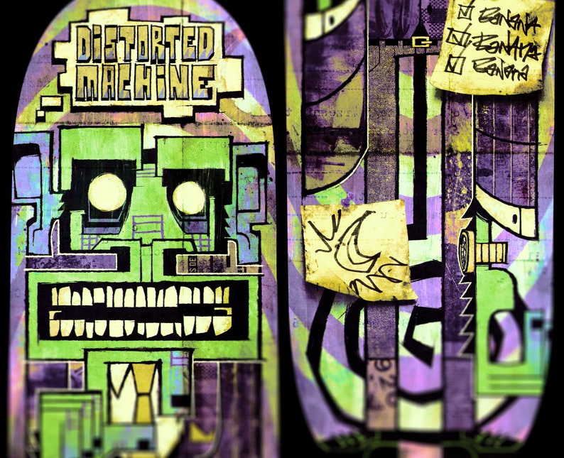 May include: A green and purple abstract illustration with the text "Distorted Machine" on a black background. The illustration features a face with a large mouth and eyes.