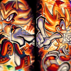 May include: A digital illustration of two golden yellow Sonic the Hedgehog characters with red eyes and sharp teeth. The characters are in a dynamic pose with their arms and legs outstretched. The background is a fiery orange and yellow with a black outline.