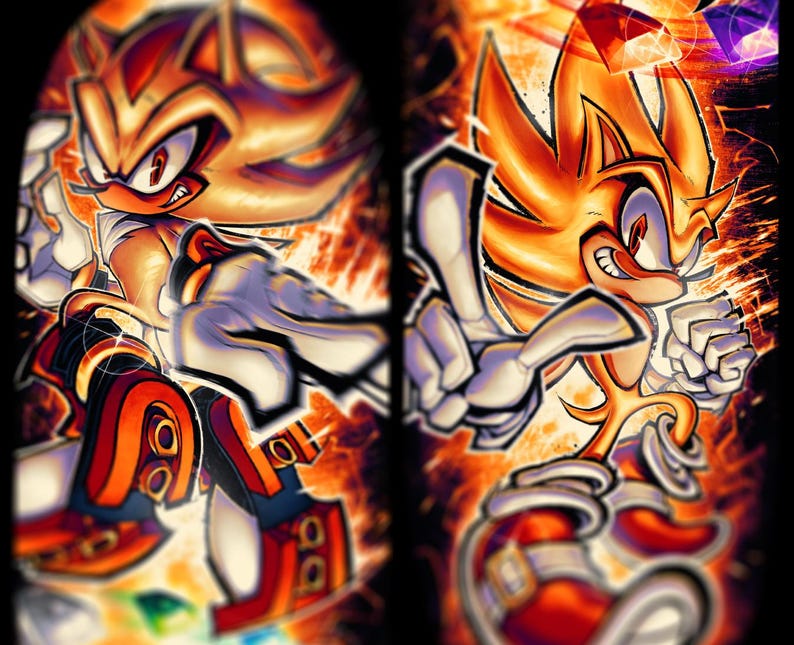 May include: A digital illustration of two golden yellow Sonic the Hedgehog characters with red eyes and sharp teeth. The characters are in a dynamic pose with their arms and legs outstretched. The background is a fiery orange and yellow with a black outline.