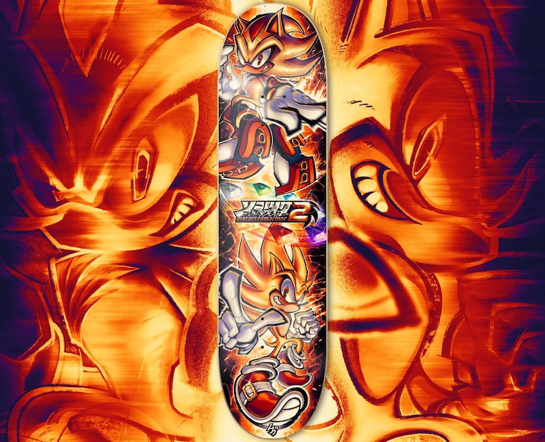 May include: A skateboard deck featuring a graphic of the video game character Shadow the Hedgehog in a dynamic pose. The background is a fiery orange and yellow with a blurred image of Shadow's face.