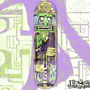 May include: A green and purple skateboard deck with a graphic of a robot wearing a suit and tie. The robot's face is made up of squares and rectangles. The text "Distorted Machine" is at the top of the deck. The text "Funky Business" is at the bottom of the deck.