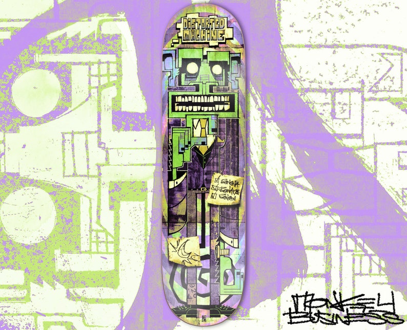 May include: A green and purple skateboard deck with a graphic of a robot wearing a suit and tie. The robot's face is made up of squares and rectangles. The text "Distorted Machine" is at the top of the deck. The text "Funky Business" is at the bottom of the deck.