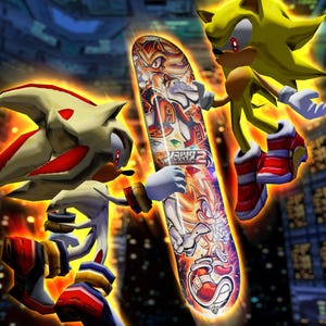 May include: A yellow and red skateboard with a graphic of a cartoon character. The skateboard is being held by a white and red cartoon character with a red and yellow cartoon character in the background.