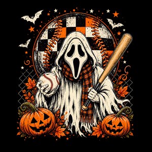 May include: A graphic illustration featuring a ghost in a white hooded robe and plaid scarf holding a baseball and a wooden bat. The background includes a checkered baseball, orange jack-o'-lanterns, autumn leaves, bats, and stars on black.