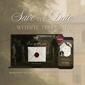 May include: A digital Save the Date website template displayed on a laptop and smartphone screen. The design features a dark garden background with statues, a white envelope with a red wax seal, and text including Save the Date, Esmé & Alexander, and a countdown timer.