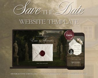 Może przedstawiać: Cyfrowy szablon strony internetowej Save the Date wyświetlany na ekranie laptopa i smartfona. Projekt zawiera ciemne tło ogrodu z posągami, białą kopertę z czerwoną pieczęcią lakową oraz tekst, w tym Save the Date, Esmé & Alexander i licznik odliczający czas.