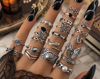 21 Piece Gothic Snake Butterfly Evil Eye Ring Set for Women